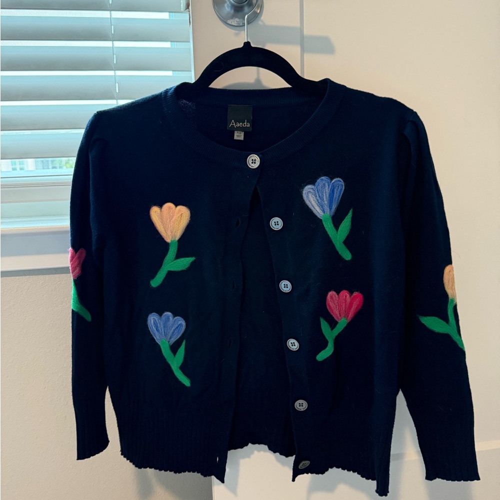 Navy Cardigan with Colorful Flowers